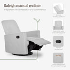 Evolur Raleigh Upholstered Manual Glider Recliner– Rocking & 360° Swivel with Smooth Glide – Greenguard Gold & FSC Certified – Modern Nursery and Living Room Chair in Grey