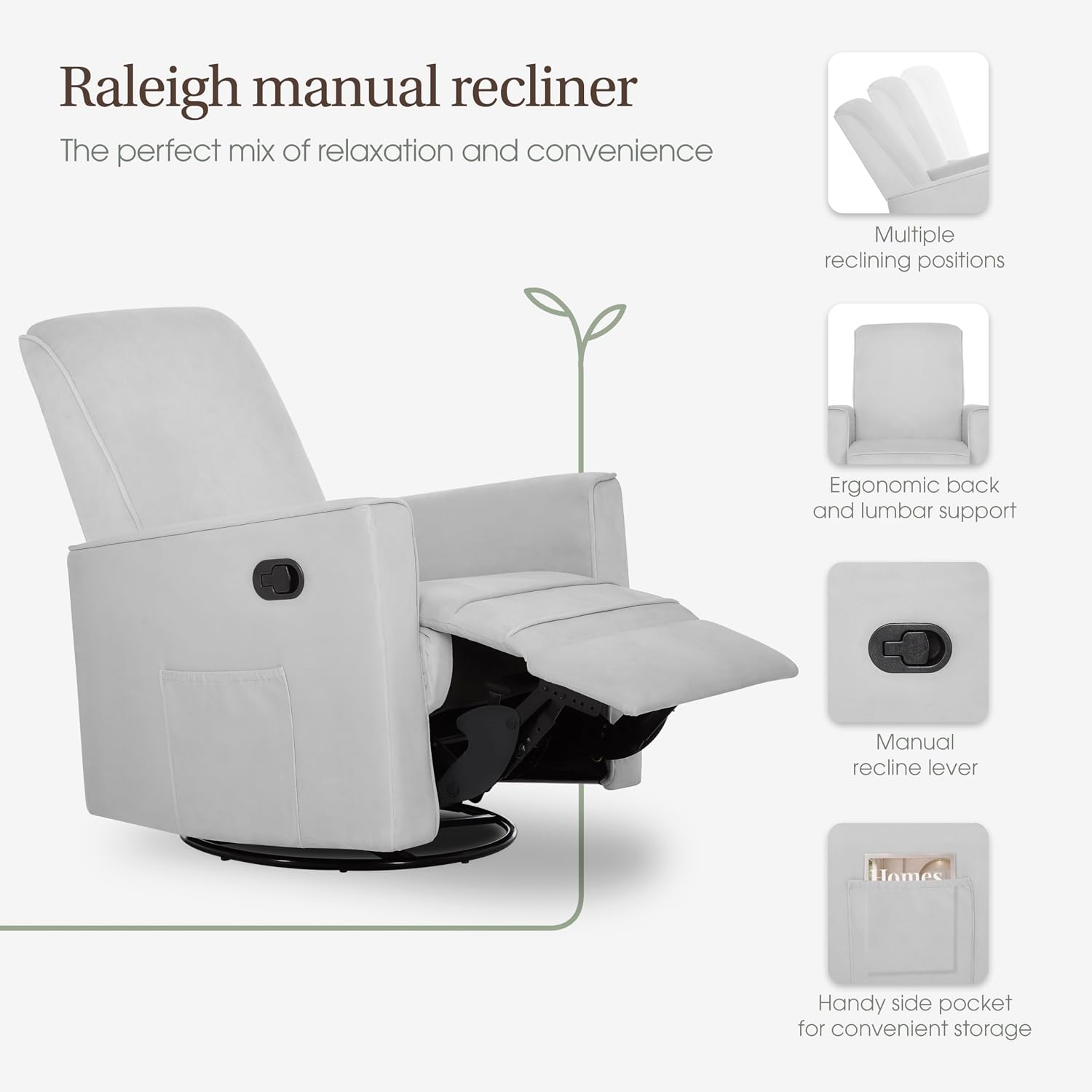 Evolur Raleigh Upholstered Manual Glider Recliner– Rocking & 360° Swivel with Smooth Glide – Greenguard Gold & FSC Certified – Modern Nursery and Living Room Chair in Grey