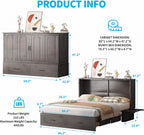Mjkone Murphy Cabinet Bed, Queen Size No Mattress, Grey | Foldable Mattress, Guest Cabinet Murphy Beds with USB Ports, Cube Cabinets Chest Wall Beds with Drawers