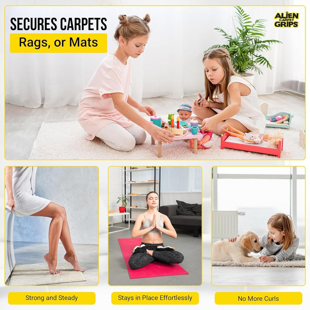 Alien Grip Rug Gripper Carpet Tape - 20pcs, 4x4 in. Anti-Slip Hardwood, Tile Floor, No Damage - Double Sided Reusable, Non Slip Corner Rug Pads - As Seen on TV