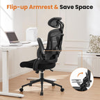 DUMOS Executive Office Ergonomic Desk Chair, 300 LBS Home Mesh Chairs with Wheels, 2D Headrest, Up&Down Lumbar Support, Swivel High Back Computer Chair with Flip-up Armrests, Black