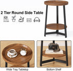 2-Tier Round End Table with Charging Station and Industrial Sofa Side Table,Raised Tabletop with Triangular Metal Frame for Small Spaces, Living Room, Bedroom,Cherry