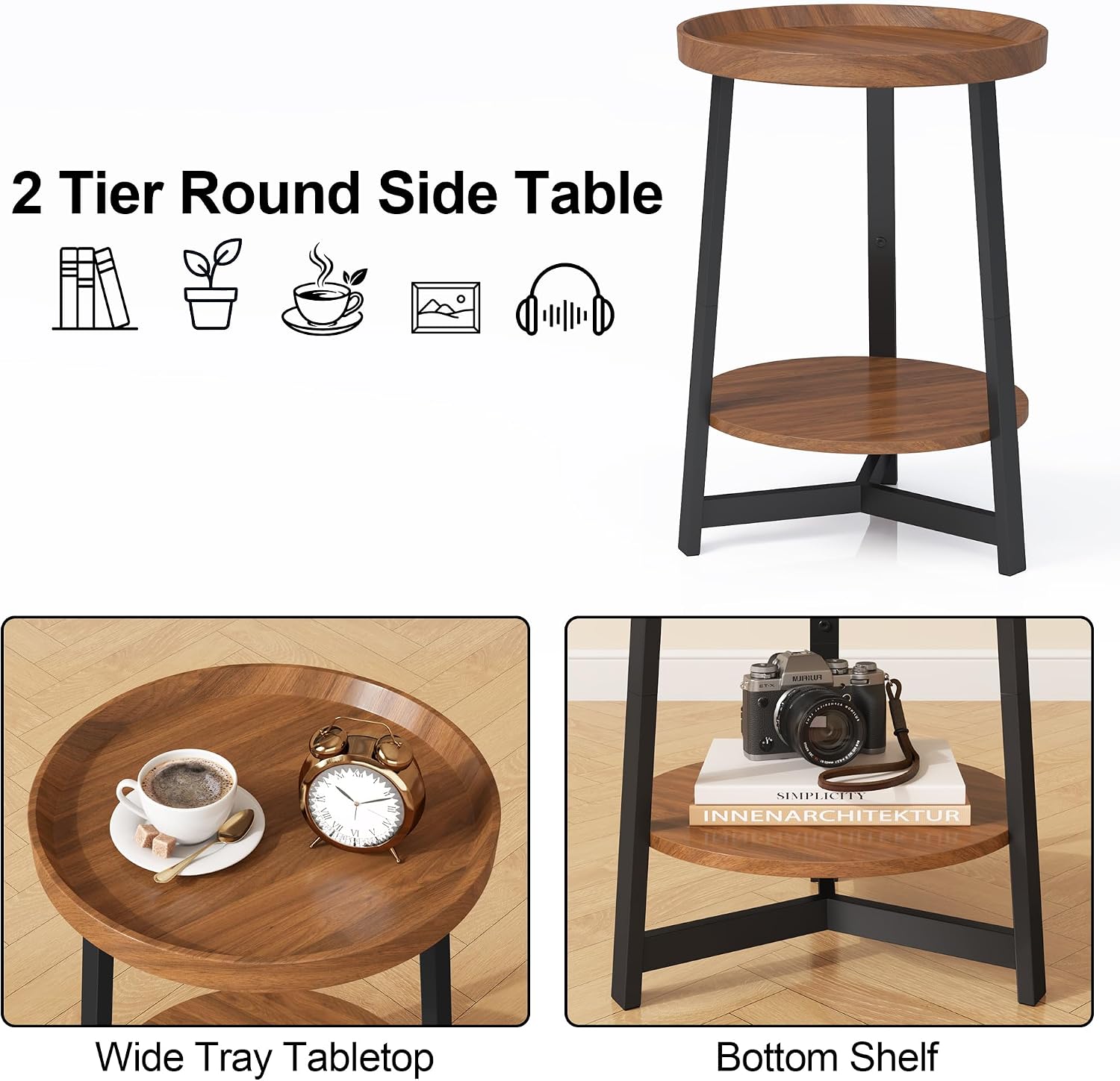 2-Tier Round End Table with Charging Station and Industrial Sofa Side Table,Raised Tabletop with Triangular Metal Frame for Small Spaces, Living Room, Bedroom,Cherry