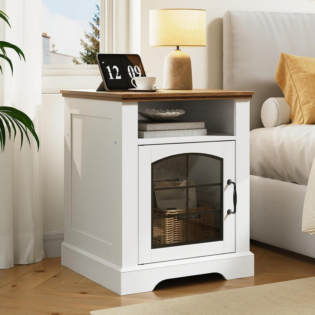 HOOBRO Farmhouse End Tables Set of 2 for Living Room, 17.7" Wide Nightstands with Charging Station, Wooden Sofa Side Tables with Tempered Glass Barn Door and Open Shelf, White and Walnut