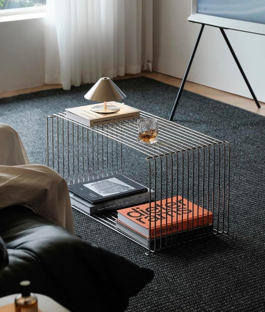 Stainless Steel Side Table,Square Geometry Retro Side Table Linear Metal End Table,Wire Cube Storage Rack, Book Stackable, Stainless Steel Coffee Table，Multi-Purpose Accent Table