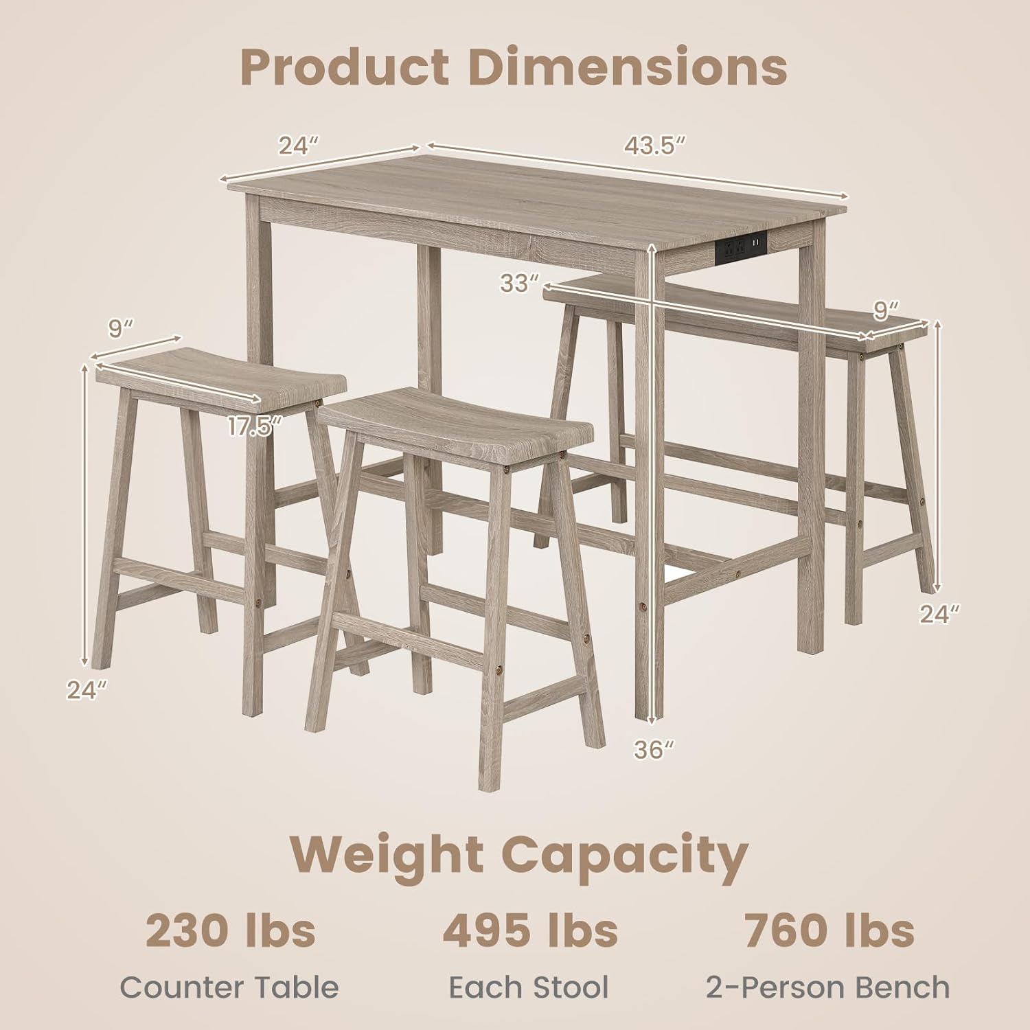 Giantex 4-Piece Counter Height Dining Table Set with Power Outlet, Solid Rubber Wood Kitchen Table with Saddle Backless Bench & 2 Stools, Space-Saving Bar Table Set for Breakfast Nook (Light Gray)