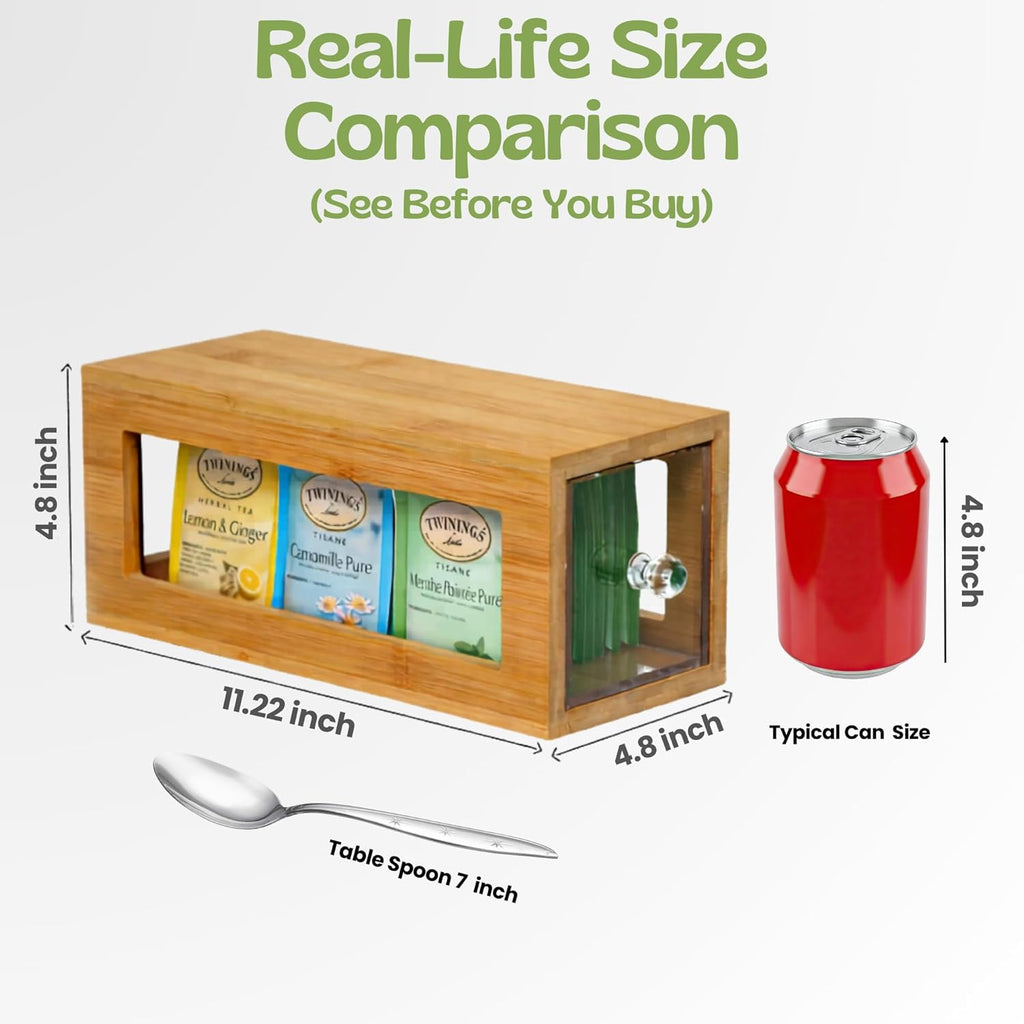 Bamboo and Acrylic Drawer Tea Bag Holder- Durable & Elegant Tea Bag Storage Holder for Kitchen Countertop, Space-Saving Tea Drawer Organizer