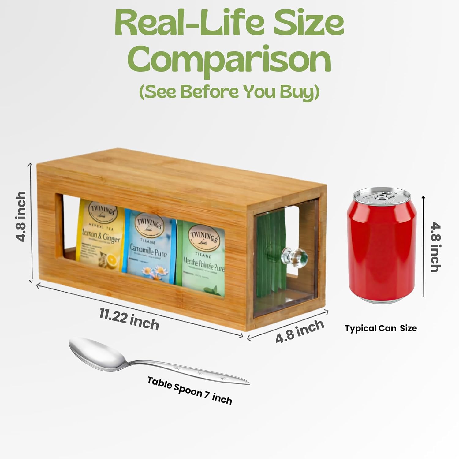 Bamboo and Acrylic Drawer Tea Bag Holder- Durable & Elegant Tea Bag Storage Holder for Kitchen Countertop, Space-Saving Tea Drawer Organizer
