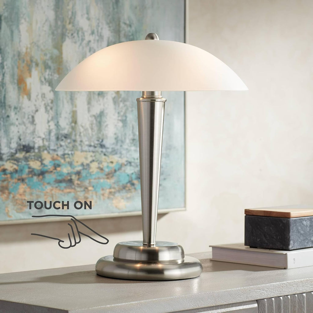 360 Lighting Deco Dome Modern Desk Table Lamp 17" High Touch On Off Brushed Nickel White Frosted Glass Shade for Living Room Bedroom House Bedside Nightstand Home Office Reading Family
