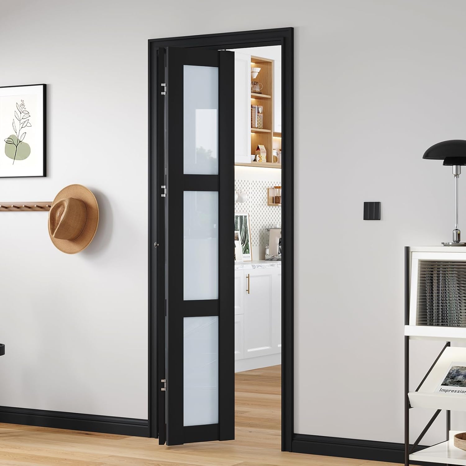 Bifold Doors for 30"×80-3/4" Opening, 3-Lite Tempered Frosted Glass Closet Folding Barn Door Slab with Concealed Hardware Kit Included, MDF Wood Panel, Easy Assembly, Black