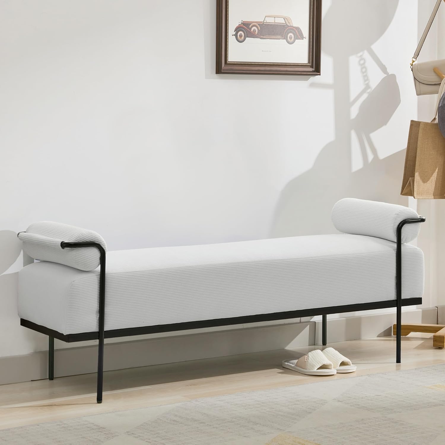 SOFTHION Entryway Bench End of Bed Bench 61.2",Modern Upholstered Bench Ottoman,Corduroy Paded Footrest Stool with Metal Legs for Living Room, Foyer Mudroom Hallway,White