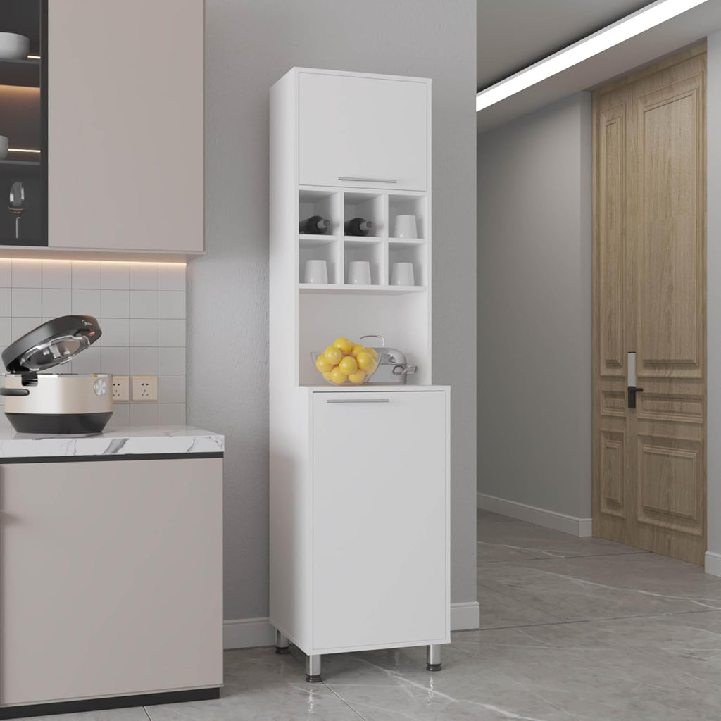 19.7" D*19.6" W*80.3" H Kitchen Pantry with 6 Spice Cubbies, 2 Shelves & Single Door, Rectangular Storage Cabinet, Modern Minimalist, for Living Room, Dining Room, White