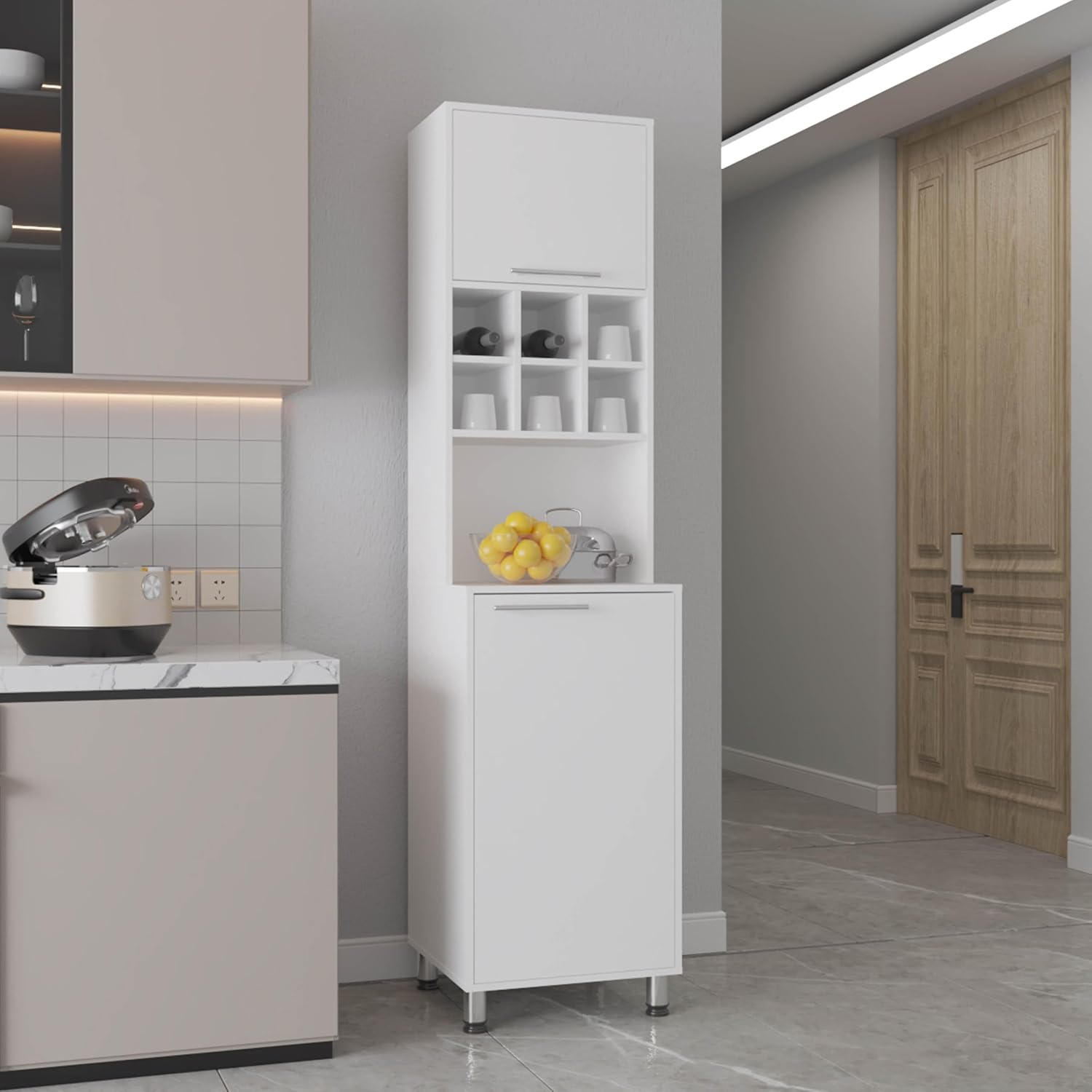 19.7" D*19.6" W*80.3" H Kitchen Pantry with 6 Spice Cubbies, 2 Shelves & Single Door, Rectangular Storage Cabinet, Modern Minimalist, for Living Room, Dining Room, White
