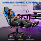 Mr IRONSTONE RGB Gaming Chair with Bluetooth Speakers, Ergonomic Gamer Chair with LED Lights, Vibration Lumbar Support, Footrest and High Back Reclining Design for Adults, Blue