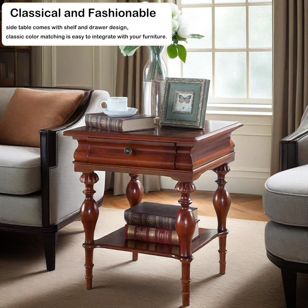 YUNMUAIR-Solid Wood Side Table with Drawer Square Vintage End Tables Living Room,Victorian Style Bedside Nightstand,Sofa Tables with Storage Shelf,Telephone Table for Living Room,No-Tools Assembly