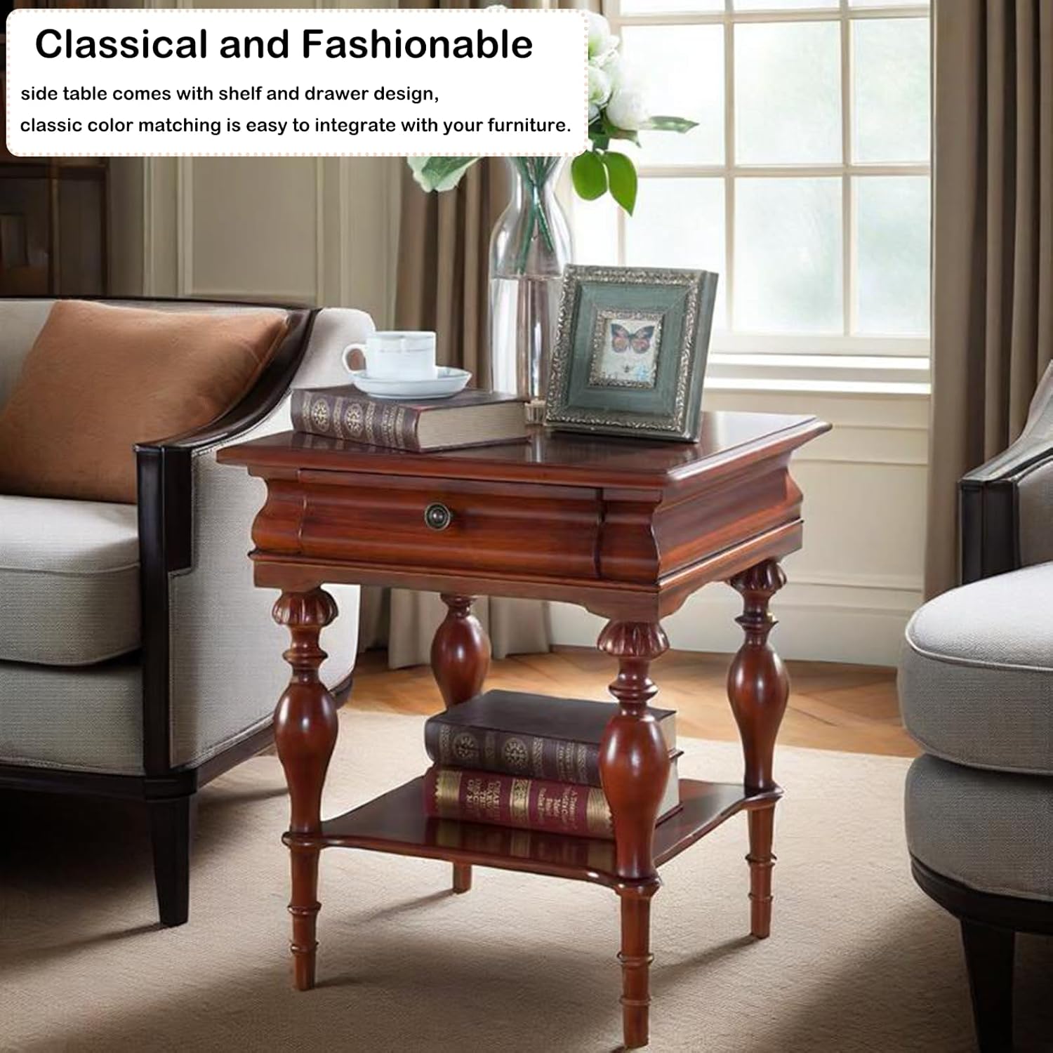 YUNMUAIR-Solid Wood Side Table with Drawer Square Vintage End Tables Living Room,Victorian Style Bedside Nightstand,Sofa Tables with Storage Shelf,Telephone Table for Living Room,No-Tools Assembly