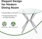 Modern Dining Table, 36 Inch Round Dinner Table for 2-4, Glass Dining Table with Cross Metal Base, Modern Clear Tempered Glass Kitchen Table for Home Dining Room Living Room(Silver Legs)
