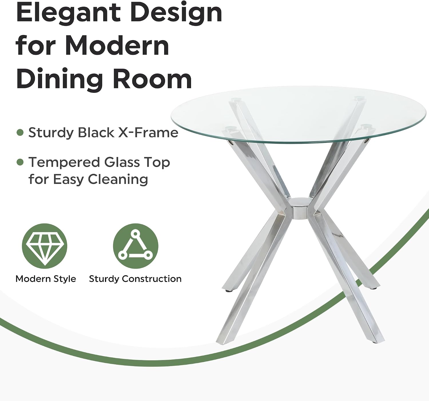 Modern Dining Table, 36 Inch Round Dinner Table for 2-4, Glass Dining Table with Cross Metal Base, Modern Clear Tempered Glass Kitchen Table for Home Dining Room Living Room(Silver Legs)