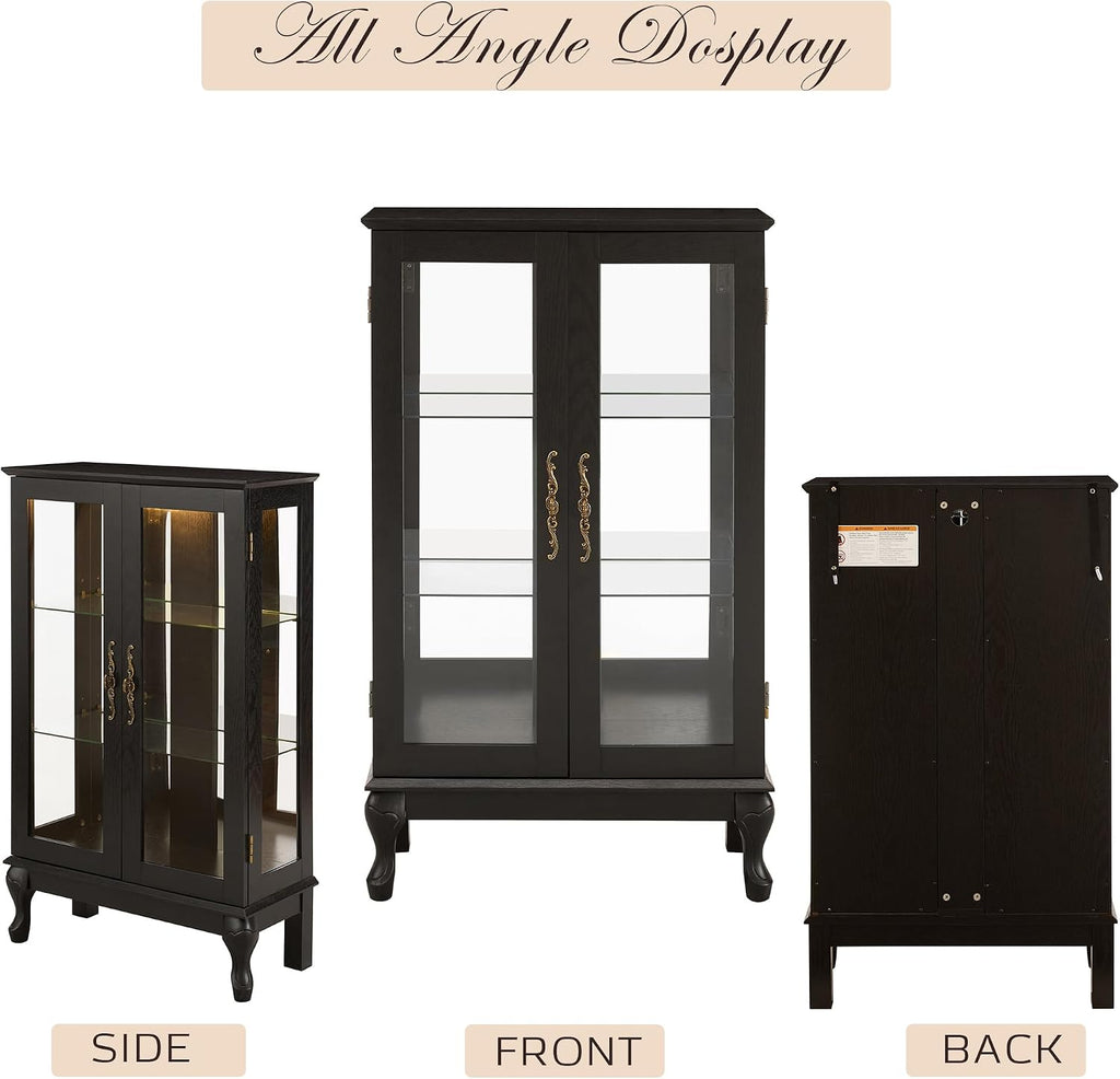 44" Small Lighted Glass Accent Curio Cabinet, Vintage China Cage with 2 Tempered Glass Doors & Adjustable Shelves, Acrylic Mirrored Pane, Elegant Wine Artwork Showcase for Living Room/Kitchen (Black)