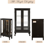 44" Small Lighted Glass Accent Curio Cabinet, Vintage China Cage with 2 Tempered Glass Doors & Adjustable Shelves, Acrylic Mirrored Pane, Elegant Wine Artwork Showcase for Living Room/Kitchen (Black)