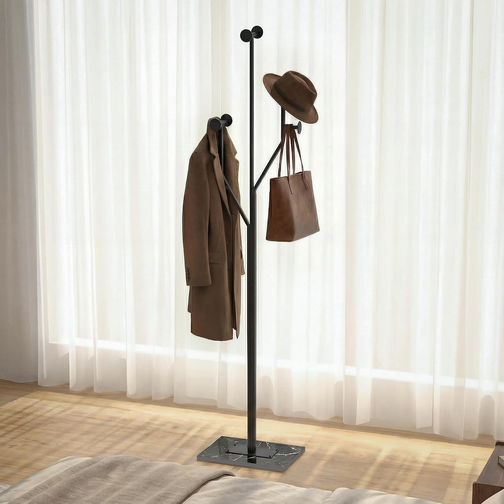 Coat Rack Stand, Freestanding Metal Coat Rack with Sturdy Marble Base, Modern Standing Coat Rack Tree with 8 Hooks for Entryway, Bedroom, Office & Hallway, Space-Saving Design, Black, 68.9 Inches Tall