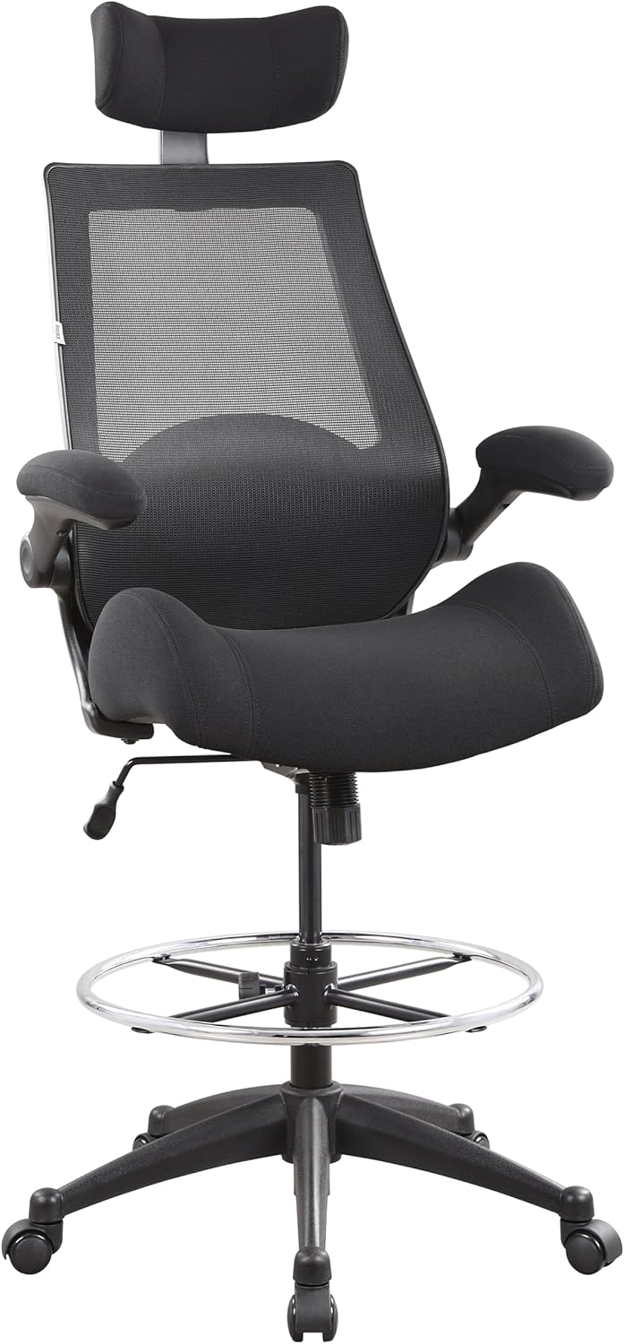 BOLISS Drafting Chair Tall Office Chair with Flip-up Armrests Executive Ergonomic Computer Standing Desk Chair with Lumbar Support and Adjustable Big Footrest Ring (Black)
