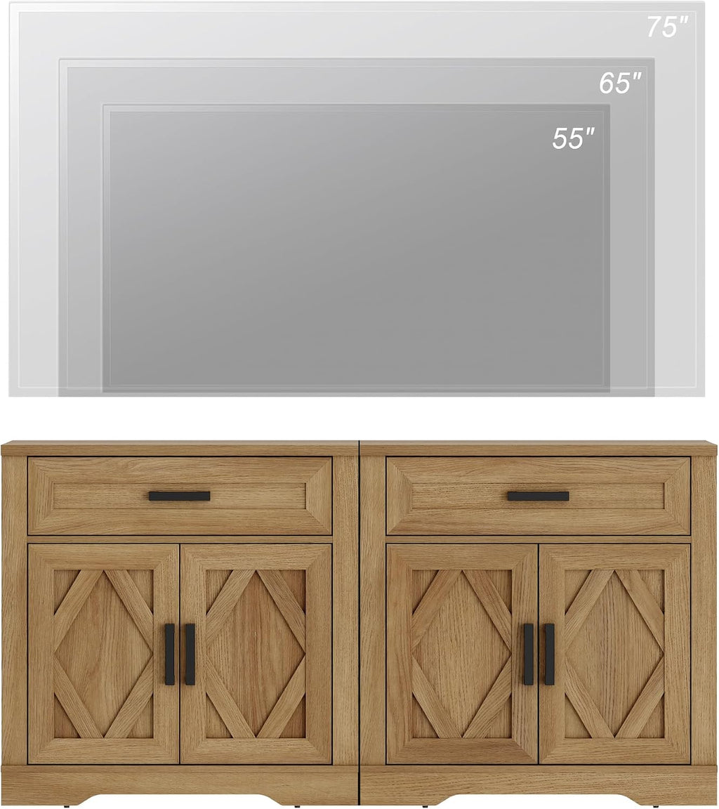 WAMPAT 2-in-1 Vintage Farmhouse Style Buffet Sideboard Cabinet with Storage, 63-inch Rustic Wood Accent Cabinet with Drawers and Barn Doors for Kitchen, Coffee Bar,Walnut