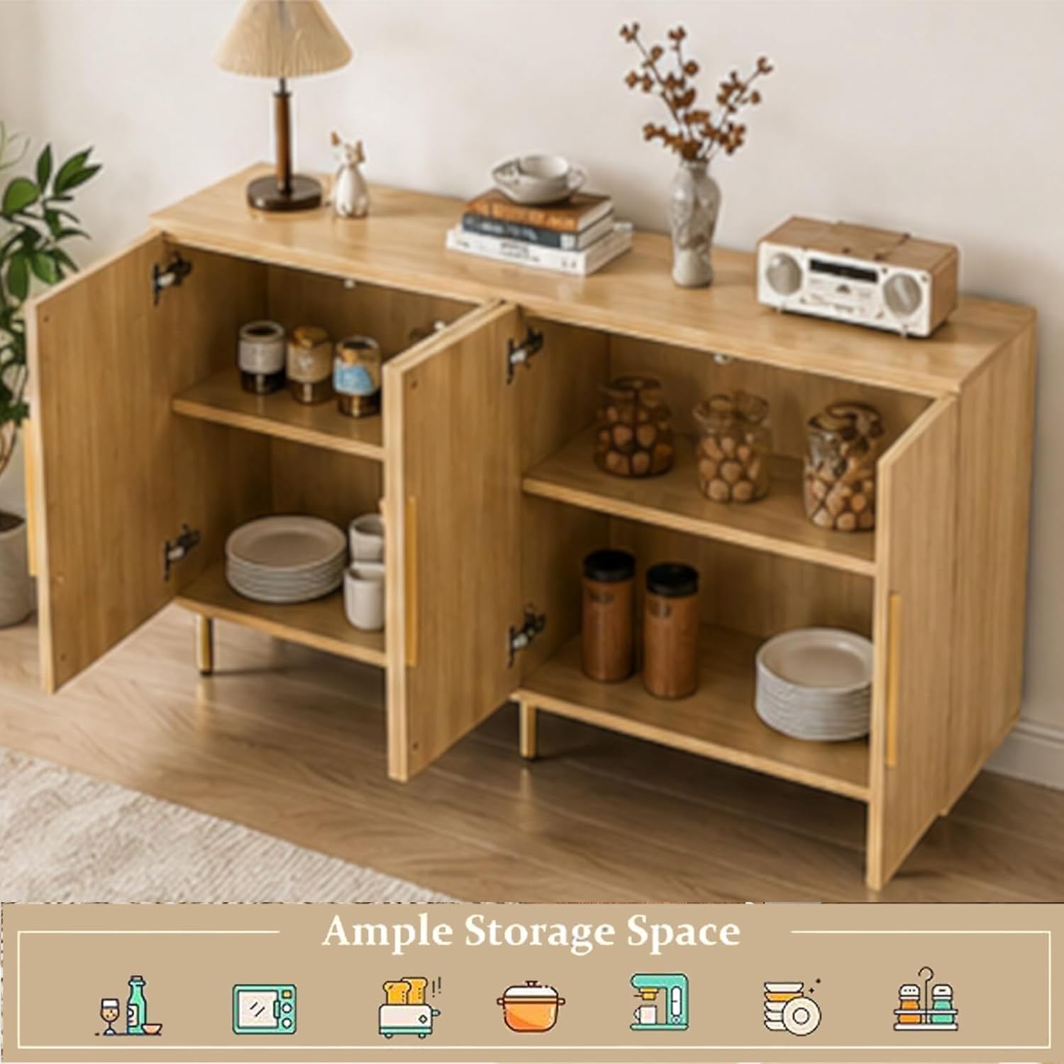 USHOWER 56" Sideboard Buffet Cabinet with Storage - 4 Fluted Doors & Adjustable Shelves, Modern Wood Credenza with Metal Legs for Living Room, Dining Room, Kitchen, Entryway, Large Countertop Space