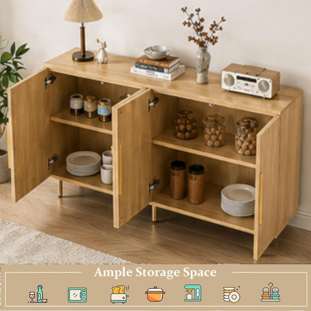 USHOWER 56" Sideboard Buffet Cabinet with Storage - 4 Fluted Doors & Adjustable Shelves, Modern Wood Credenza with Metal Legs for Living Room, Dining Room, Kitchen, Entryway, Large Countertop Space