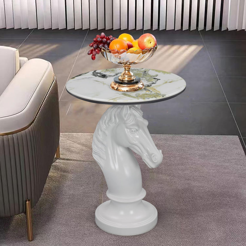 Horse Head Accent Side Table, Unique Resin Animal Statue End Tables with Faux Marble Top, Modern Classical Decoration for Home, Living Room Bedroom and Entryway (White Horse Head)