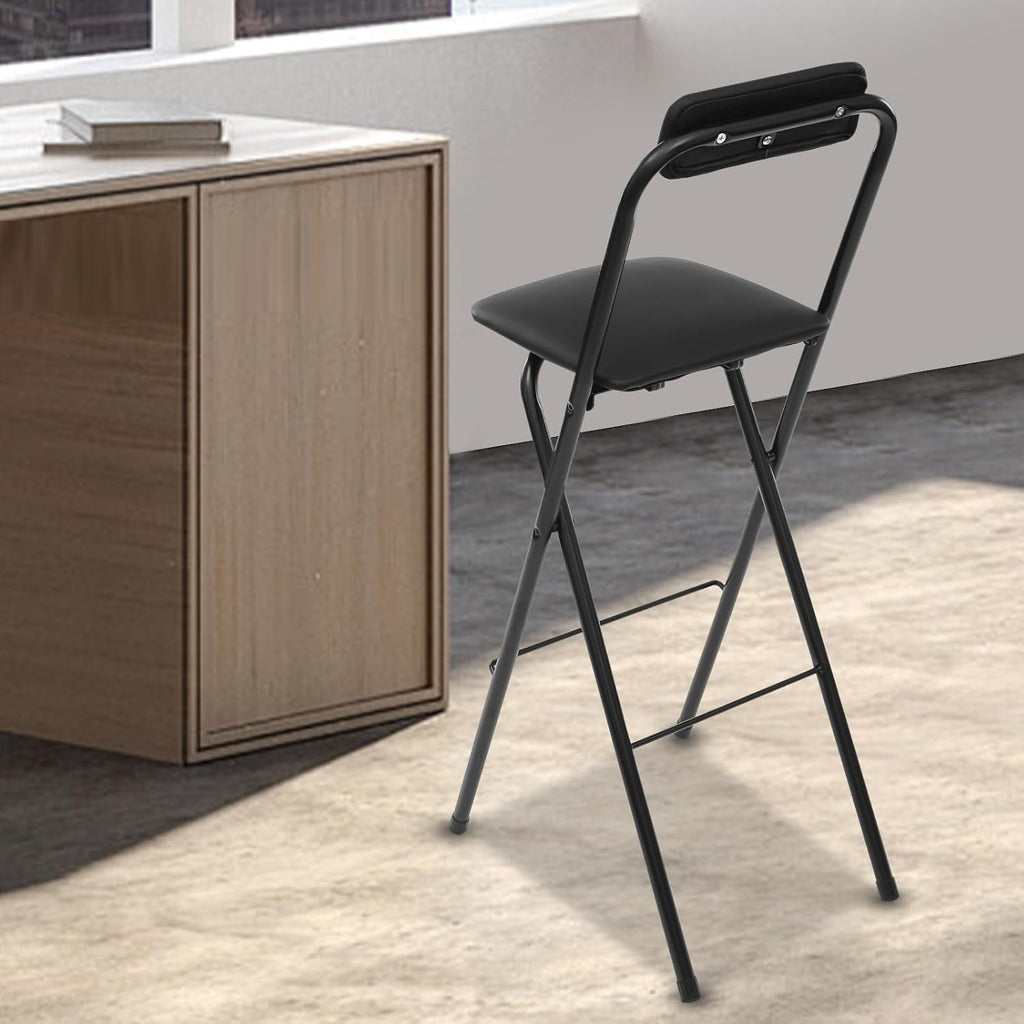 Folding Stool, Cushioned Padded Folding Stool Portable Bar Stool with Back for Camping Kitchen Home Office, Tall Bar Collapsible Stools (Black, 1Pcs 29.53in)