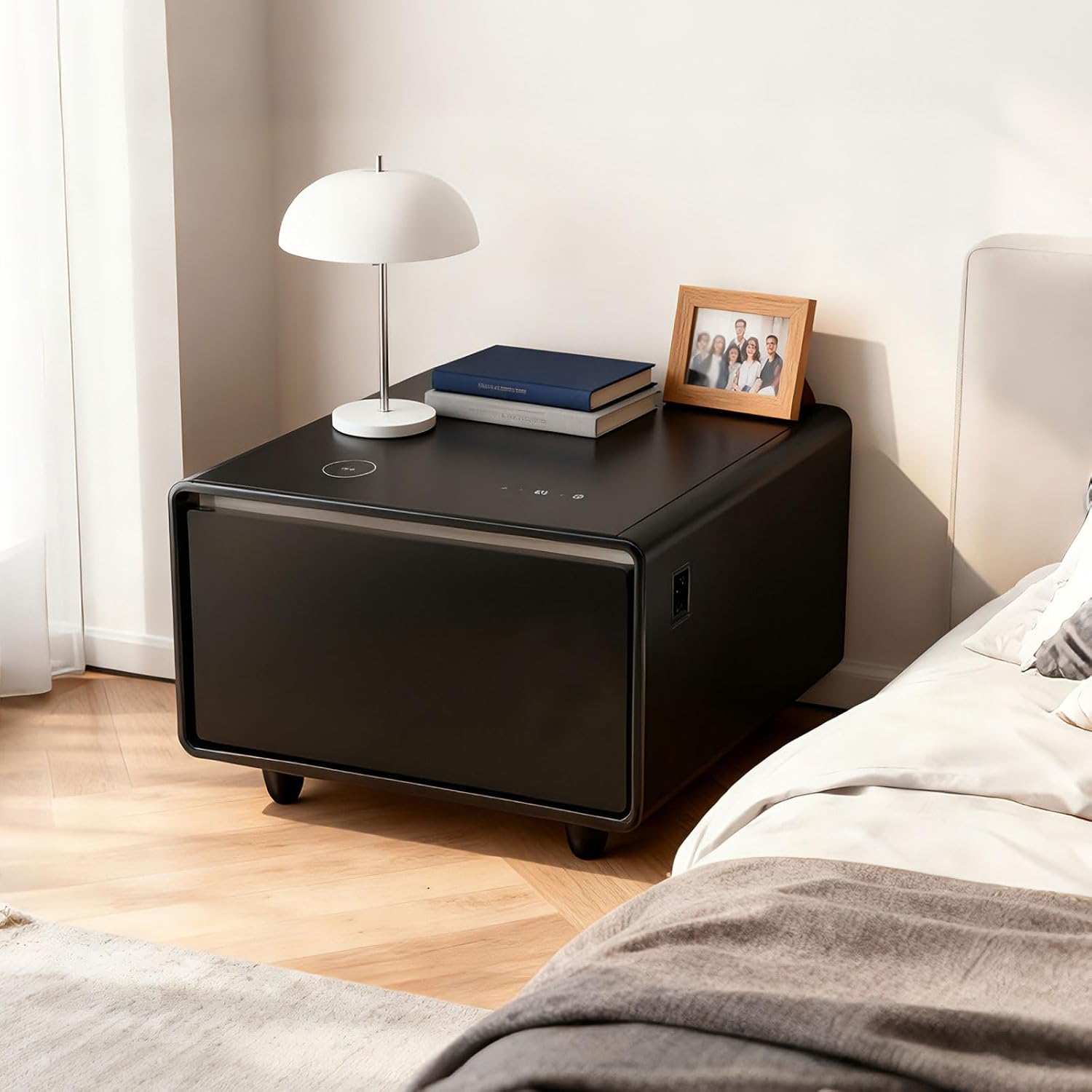 Modern Smart Side Table with Built-in Fridge Drawer (37-46°F), 15W Wireless Charging Nightstand, End Table with 2 Power Outlets, USB/Type-C Ports, Induction Light for Bedroom/Living Room, (Black)
