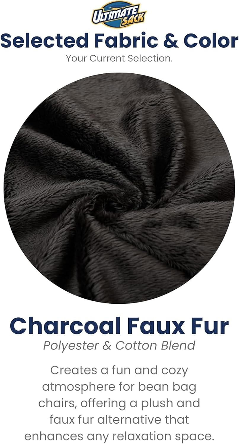 ULTIMATE SACK | 6 Ft Bean Bag Chair &Foot Stool | Charcoal Fur | Foam Filled - Removable Washable Cover