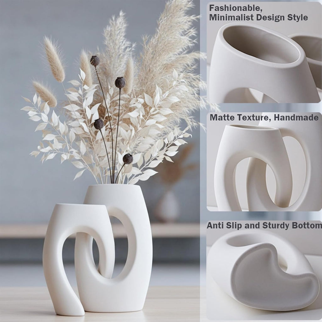 Ceramic Vase Set of 2 by DecoVlog, White Hollow Living Room Decor Vase, Minimalist Decorative Modern Boho Vase for Table Centerpiece Wedding Dining Living Room Office House Decoration