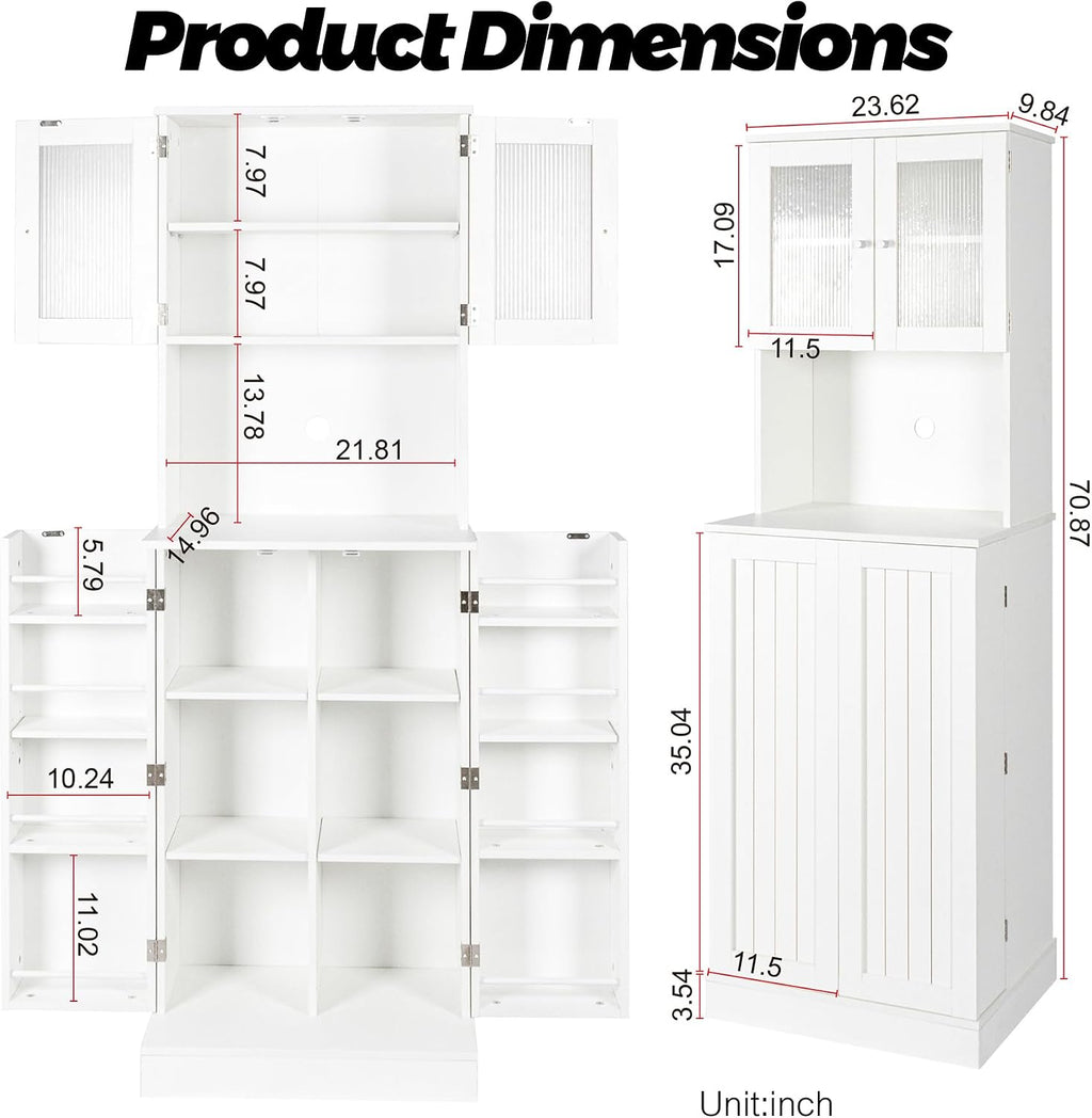 HRVEOCEI Tall Pantry Cabinet with Doors and Adjustable Shelves, 71'' Freestanding Kitchen Cabinet Storage with Microwave Stand, White Food Pantry Cabinet & Cupboard for Kitchen, Dining Room, Wood
