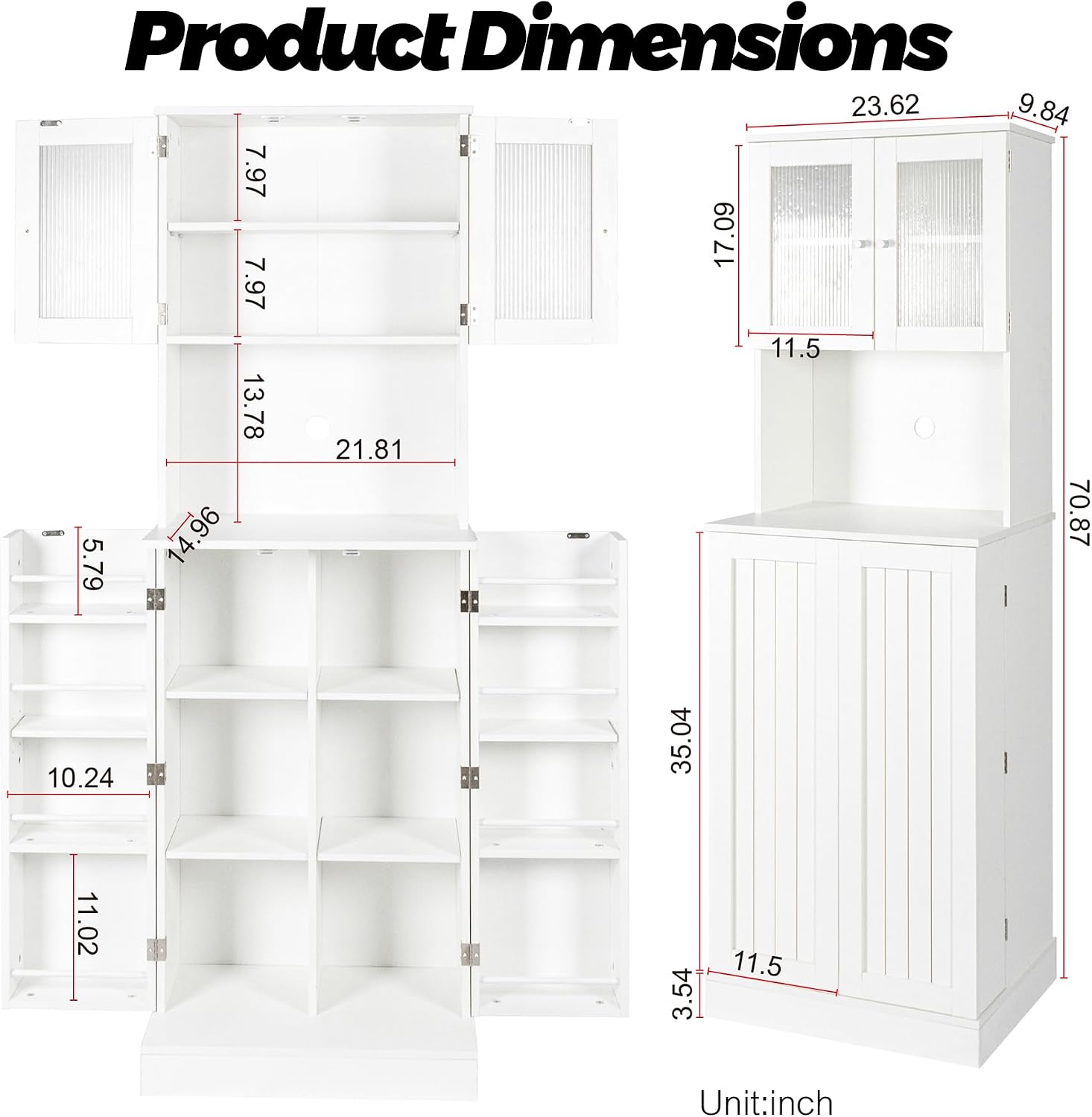 HRVEOCEI Tall Pantry Cabinet with Doors and Adjustable Shelves, 71'' Freestanding Kitchen Cabinet Storage with Microwave Stand, White Food Pantry Cabinet & Cupboard for Kitchen, Dining Room, Wood