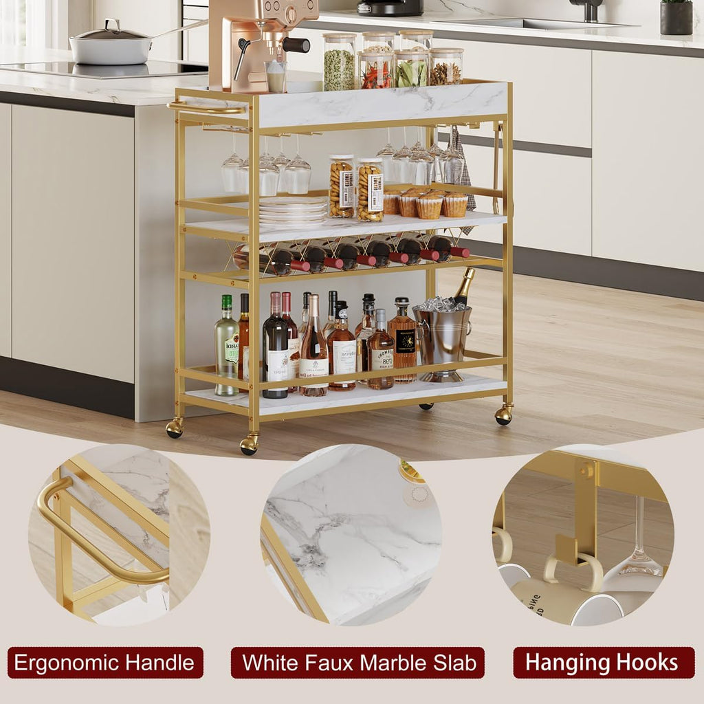 BON AUGURE Bar Cart for The Home, Rolling Home Bar Serving Cart on Wheels, 3 Tier Mobile Liquor Beverage Carts with Wine Rack and Glass Holder (Gold & Marbleized White)