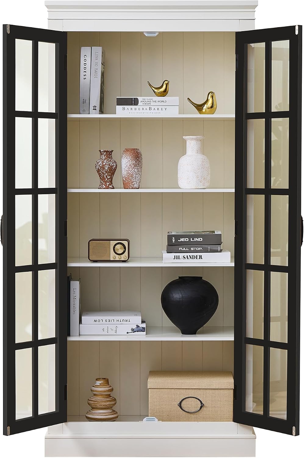 roomfitters 71.2'' Pantry Cabinet with Glass Door, Farmhouse Display Cabinet with Storage for Kitchen and Hallways, Black & Cream White