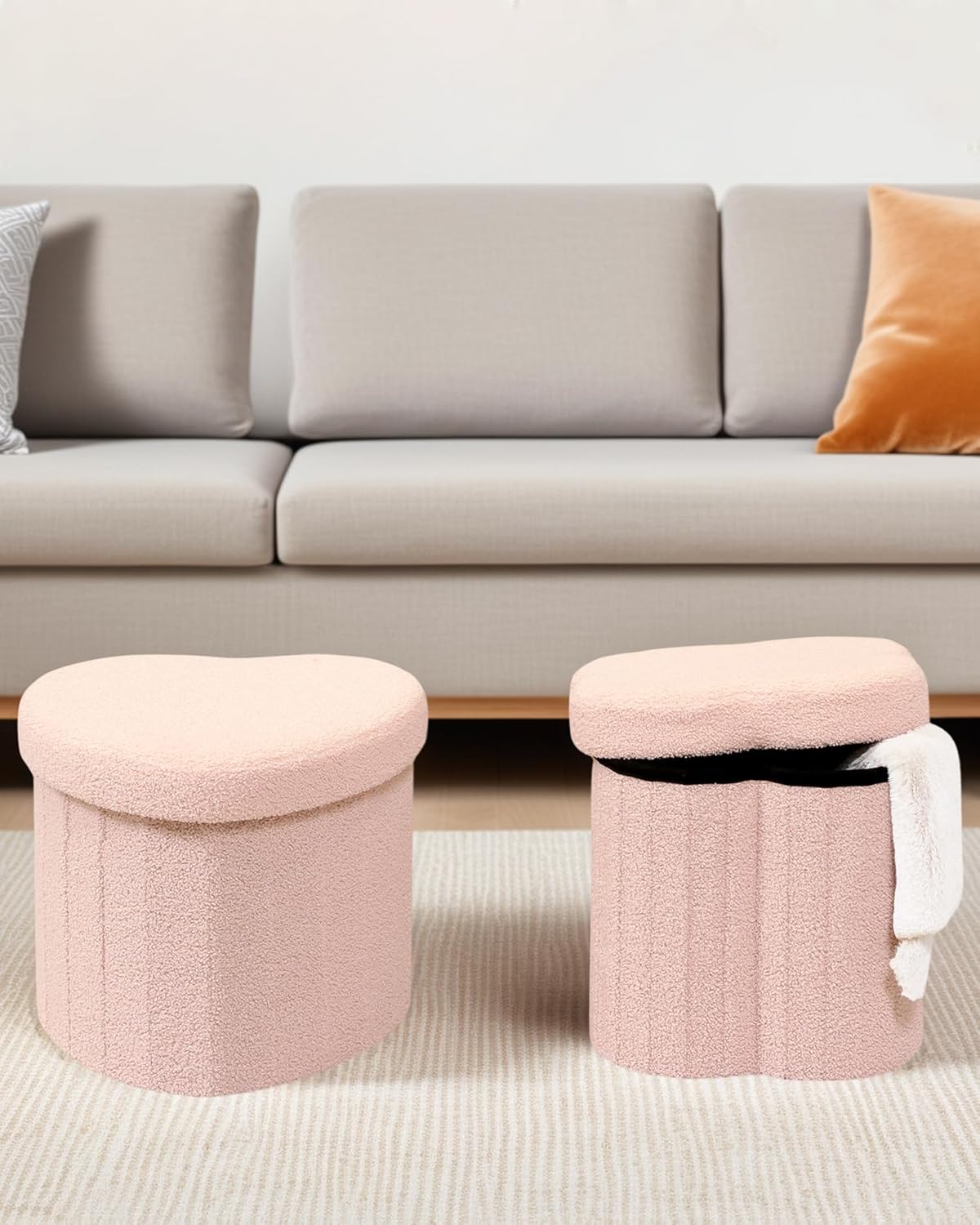 Heart Shaped Ottoman with Storage, Cute Pink Boucle Footstool with Storage, Small Sherpa Footrest Ottoman for Bedroom, Living Room,15"x15"x12.6"