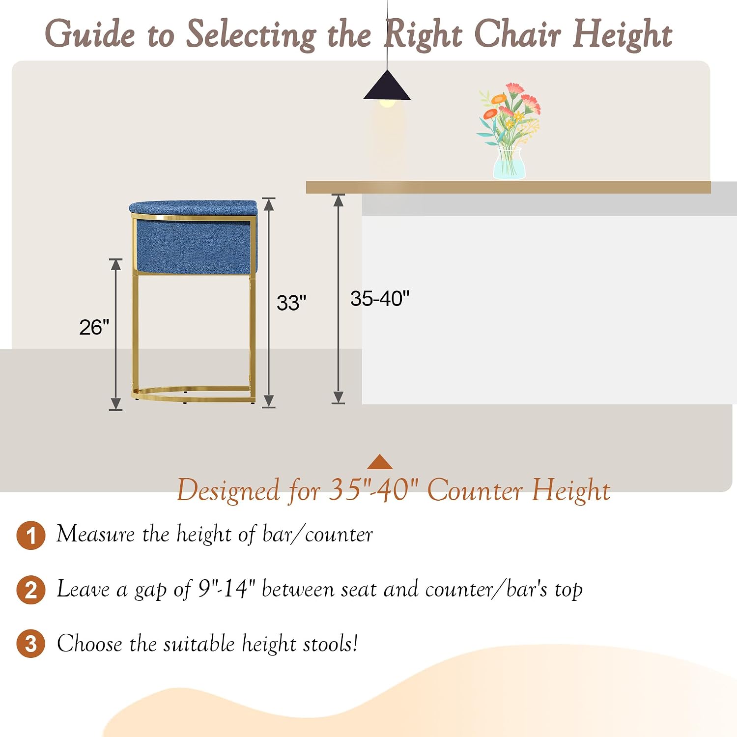 26" H Counter Height Bar Stools Set of 3, Modern Barrel Counter Stools with Backrest, Linen Upholstered Barstools for Kitchen Island, Gold Frame, Support 450 LBS (Blue)