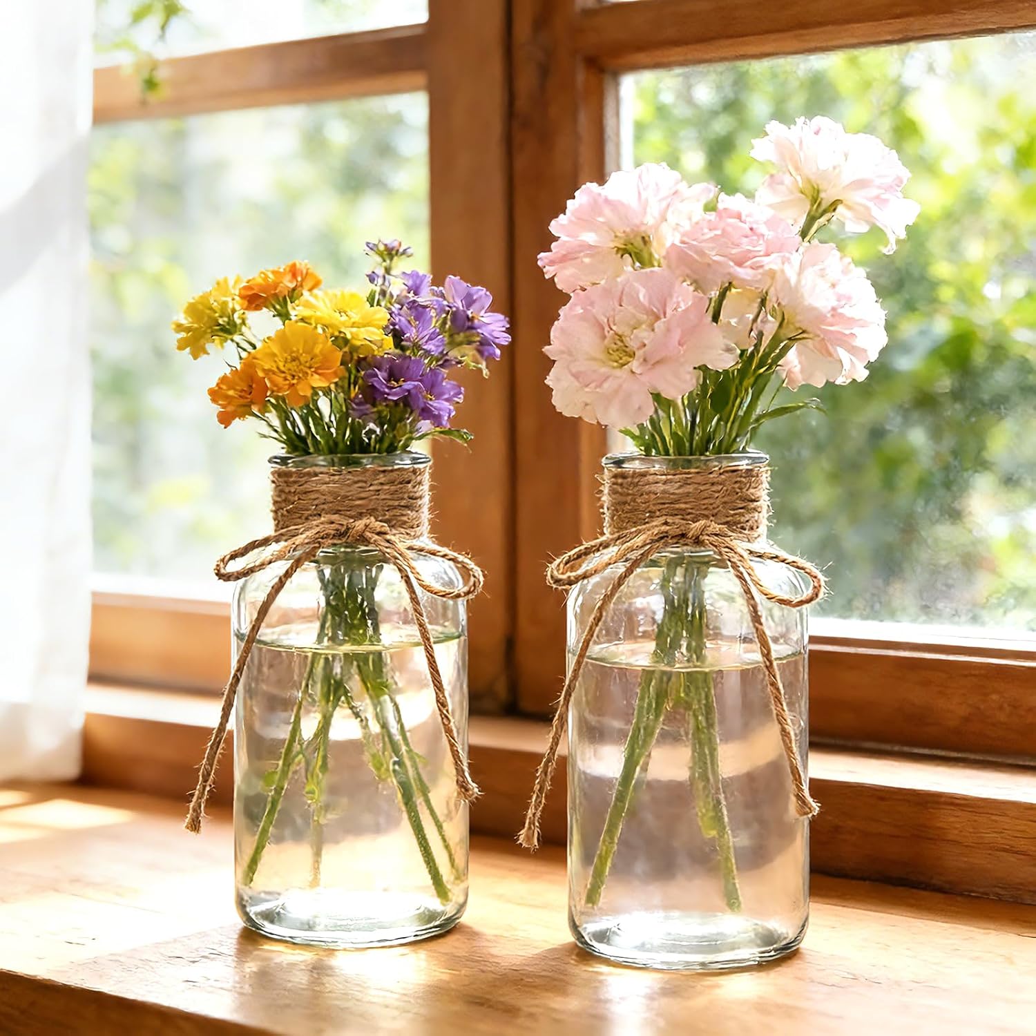 12 Pack Glass Flower Vases with Rope,Brajttt Vintage Bud Vases in Bulk,Mason Jars for Centerpieces,Flower Vase for Centerpieces and Tag for Weddings,Home Decor & DIY Projects