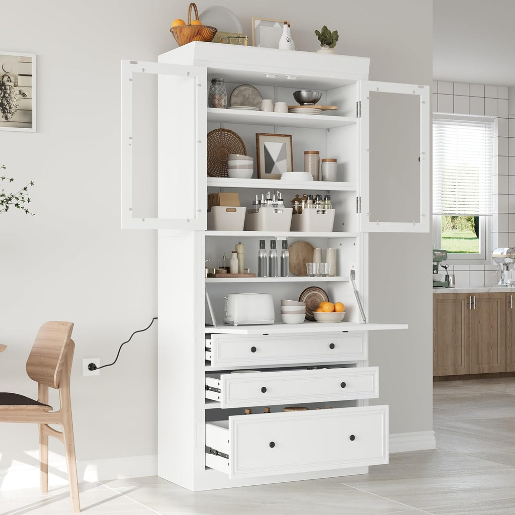 Merax 78'' Extra-Tall Kitchen Pantry Storage Cabinet, Freestanding Multifunctional Cupboard with 3 Drawers & 2 Adjustable Shelves & Power Outlet & Drop-Down Surface, for Dining and Living Room, White