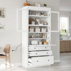 Merax 78'' Extra-Tall Kitchen Pantry Storage Cabinet, Freestanding Multifunctional Cupboard with 3 Drawers & 2 Adjustable Shelves & Power Outlet & Drop-Down Surface, for Dining and Living Room, White