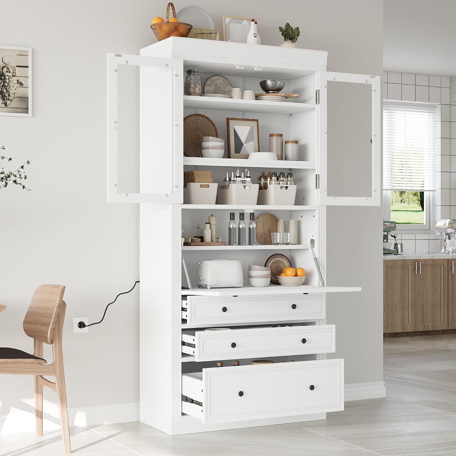 Freestanding Kitchen Pantry Storage Cabinet, 36 * 16.5 * 78 Inch Multifunctional Cupboard with 3 Drawers, Adjustable Shelves and Power Outlet for Dining Room, White