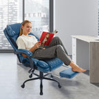 Big Tall Reclining Office Chair with Footrest, 400lbs Ergonomic Recliner Office Desk Chairs with Lumbar Support, Heavy Duty High Back Vintage Leather Executive Computer Chair with Wheels, Blue