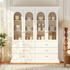 Vyre 71" Arched Kitchen Cabinet, Double Glass Door Display and Storage Cabinets with Drawers, Modern Pantry for Dining Room or Living Room, White with Gold Handles, 2 of Set