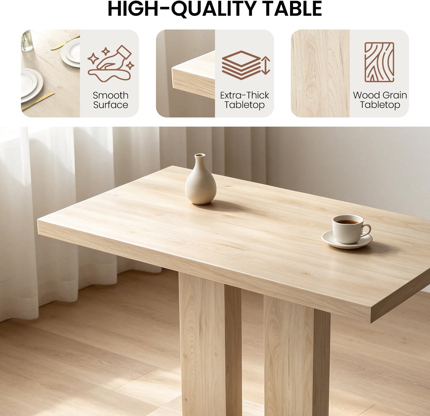 Modern 5-Piece Dining Table Set for 4, 46" Pedestal Dining Room Table with 4 Leather Chairs, Small Space Saving Kitchen Table Set, Natural Wood Finish Rectangle Table for Home & Apartment
