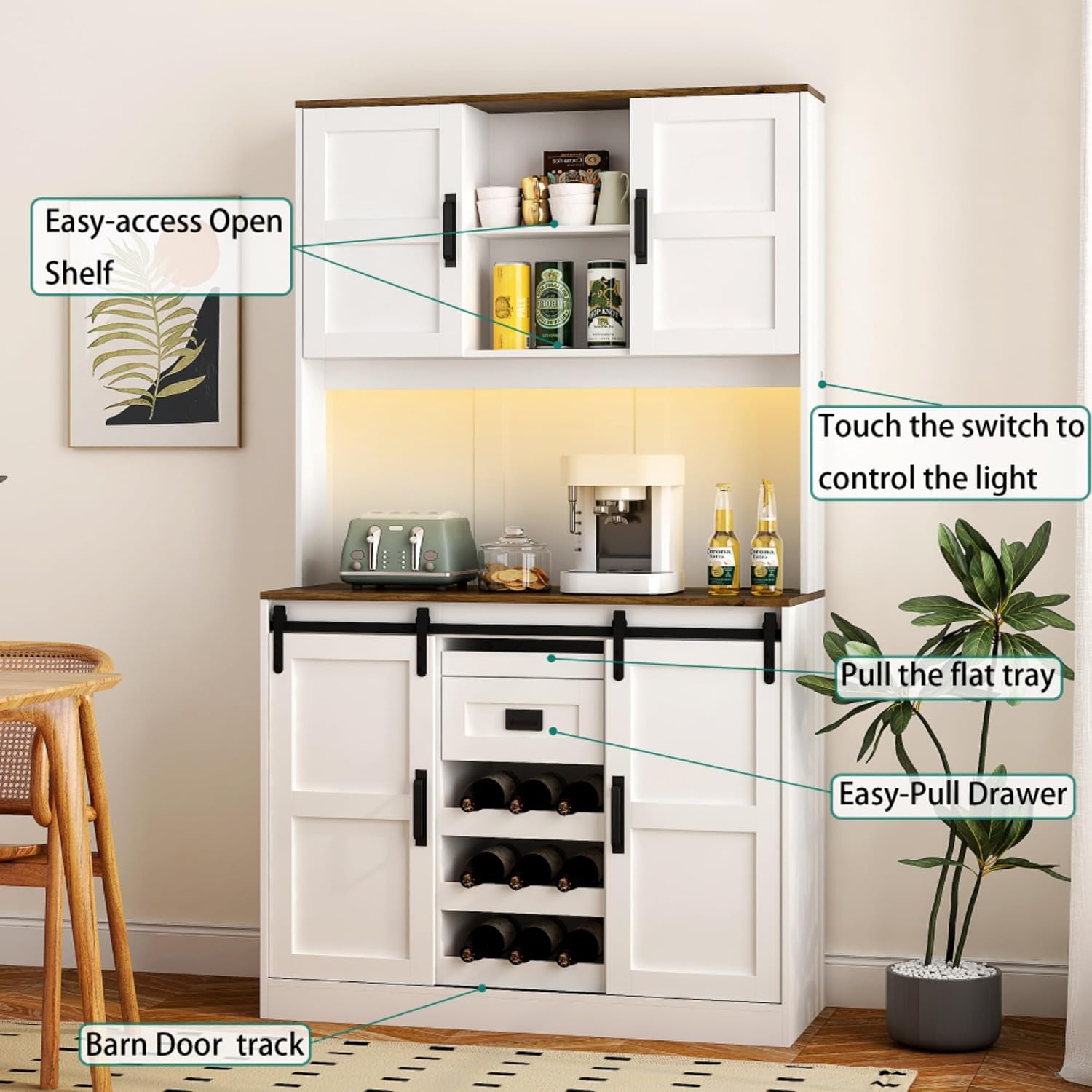 74 Inch Tall Freestanding Pantry Storage Cabinet Cupboard Unit, Six Doors, Dual Drawers, Triple Shelves, Integrated Power Outlets USB Charging, Versatile Wardrobe Hutch Organizer Furniture (White B)