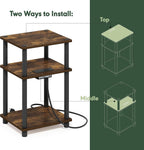 Furinno Just 3-Tier Side Table with Charging Station, Easy Assembly Rustic Brown End Table, Night Stand, Bedside Table with USB and Type-C Charging Port, for Living Room, Bedroom, Amber Oak