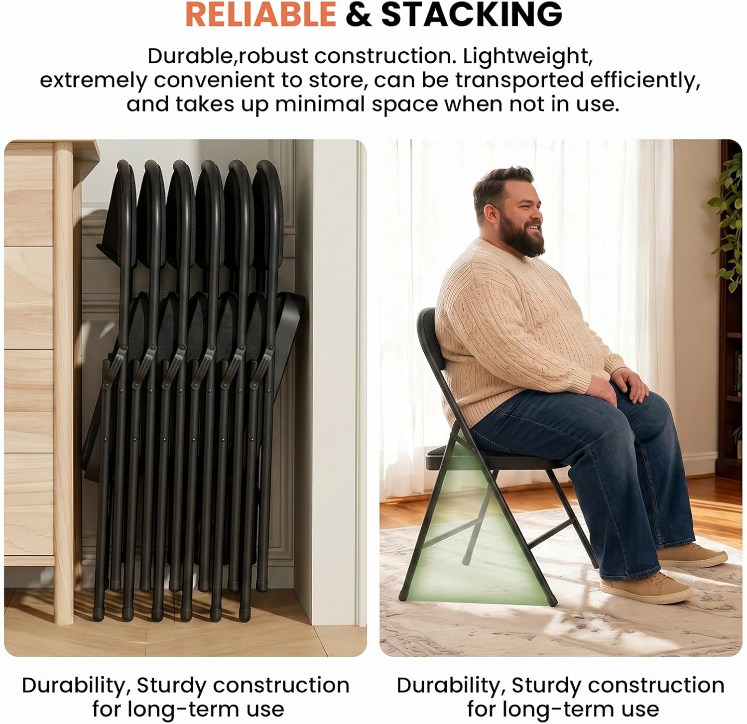 6 Pack Folding Chairs, Fabric Dining Chair Set with Padded Cushion and Back, Indoor Outdoor Seat for Home Office, Parties, Events, Wedding, Extra Guest Seating, Obsidian Black